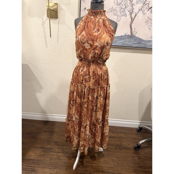 Taylor Dresses & Skirts - Taylor Paisley‎ Chiffon Maxi Dress Halter Ruffle Smocked Brown Orange Beige 10